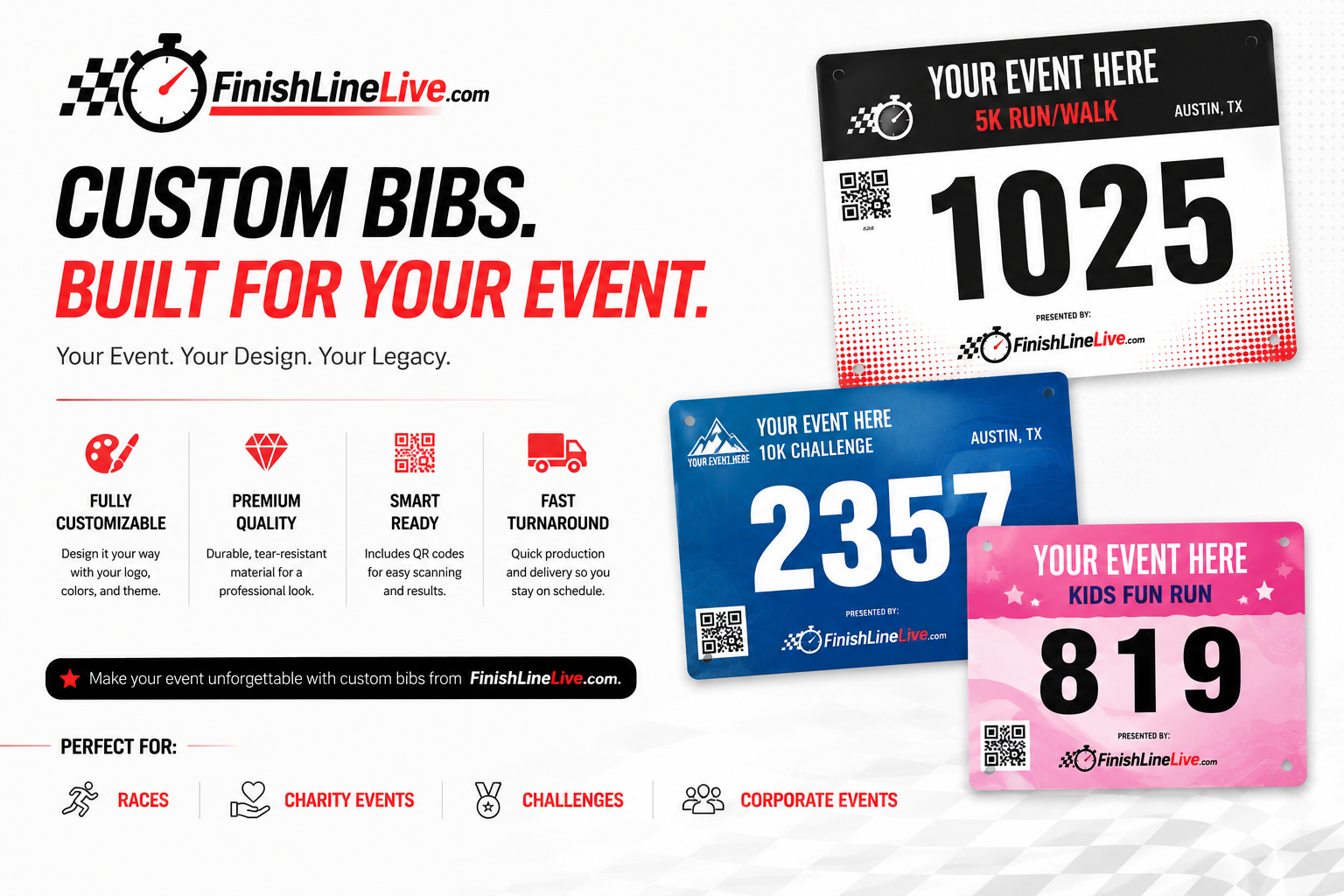 Custom FinishLine Live race bib design examples